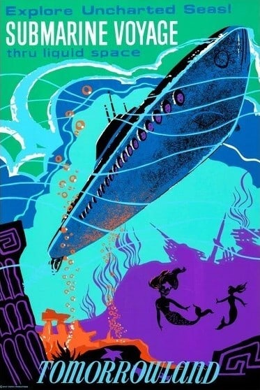 Disney Submarine Tommorowland Poster LB: Description: Disney Submarine Tommorowland Poster mounted onto Linen and measuring at 32x48 inches Date: 1955 Material: Fine Art Paper & Cotton Linen Reserve: $100.00 Shipping: Domestic: Flat-rate of 
