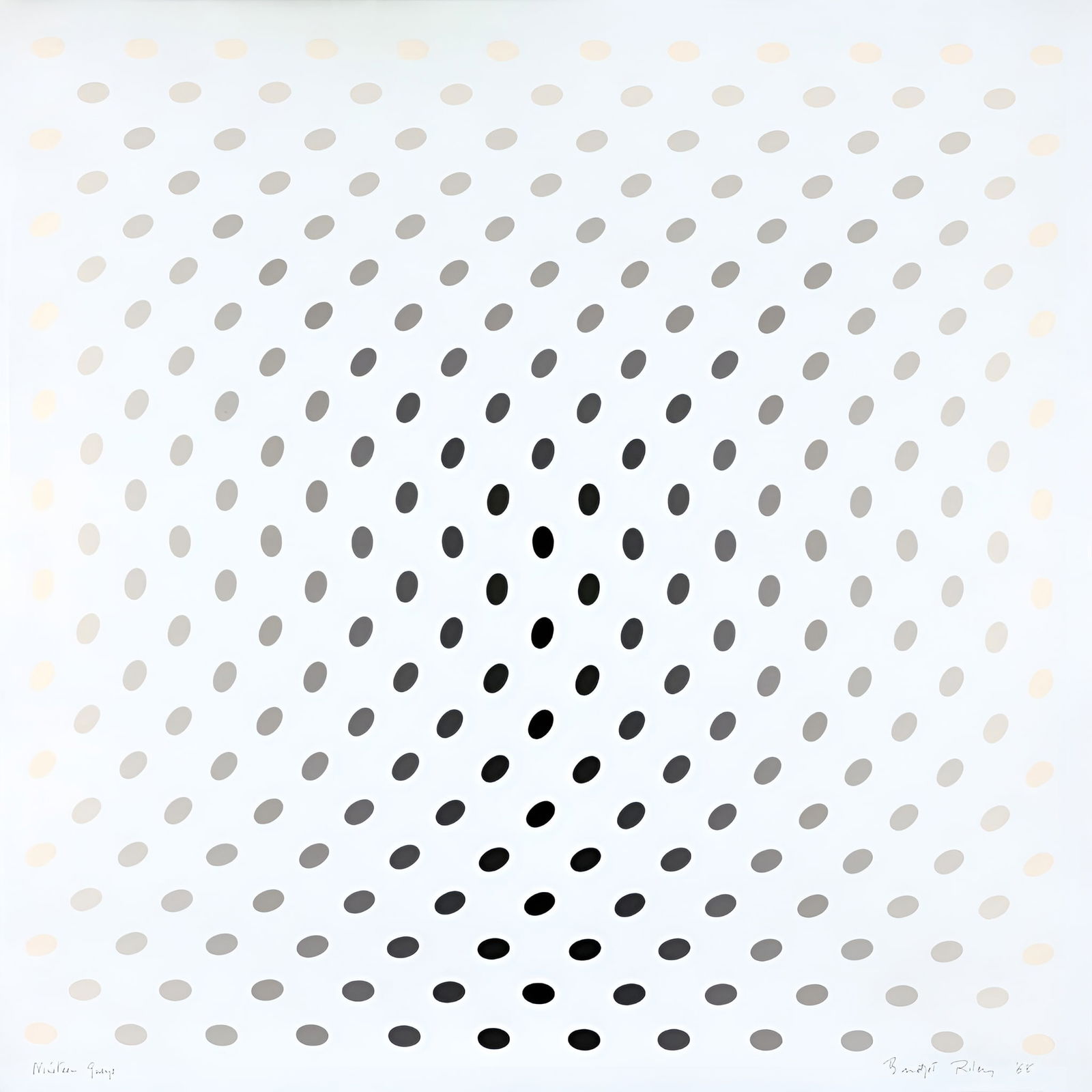 Bridget Riley 'Nineteen Greys' Print: Description: Bridget Riley 'Nineteen Greys' Print measuring at 20x20 inches Date: 1968 Material: Fine Art Paper Reserve: $50.00 Shipping: Domestic: Flat-rate of $17.00 to anywhere within the contiguou