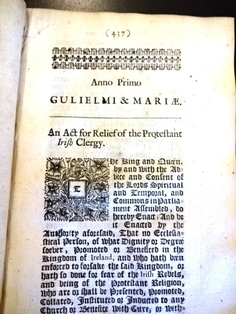1689 Act of William and Mary Irish Protestants (1 of 2)