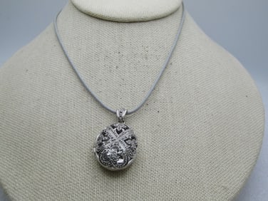 Vintage Sterling Scrolled Locket Necklace, Heart & Fleur-de-Lis , 16-18" Signed