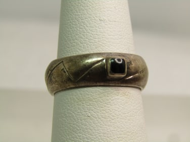 Vintage Sterling Onyx Wide Band Ring, Sz. 6, Southwestern Vibe, 1970's-1980's