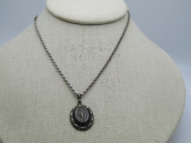 Vintage Sterling Blessed Mother Necklace, 19" SIlver Tone Chain, 1940's-1950's