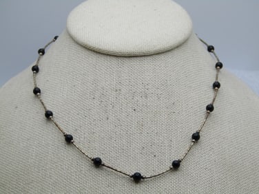 Vintage Sterling Black Beaded Necklace, 16", Southwestern Themed, 1960's-1970's