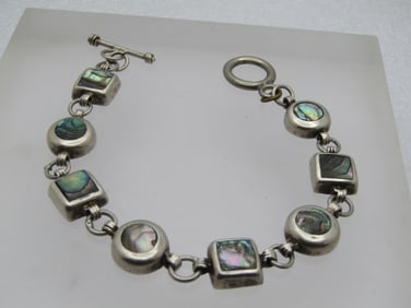 Vintage Sterling Abalone Mexican Bracelet, 7.25, Toggle Clasp, 1980's-1990's. This has eight links
