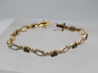 Vintage Sterling Sapphire Tennis Bracelet, Gold Over, 7.5", Signed R