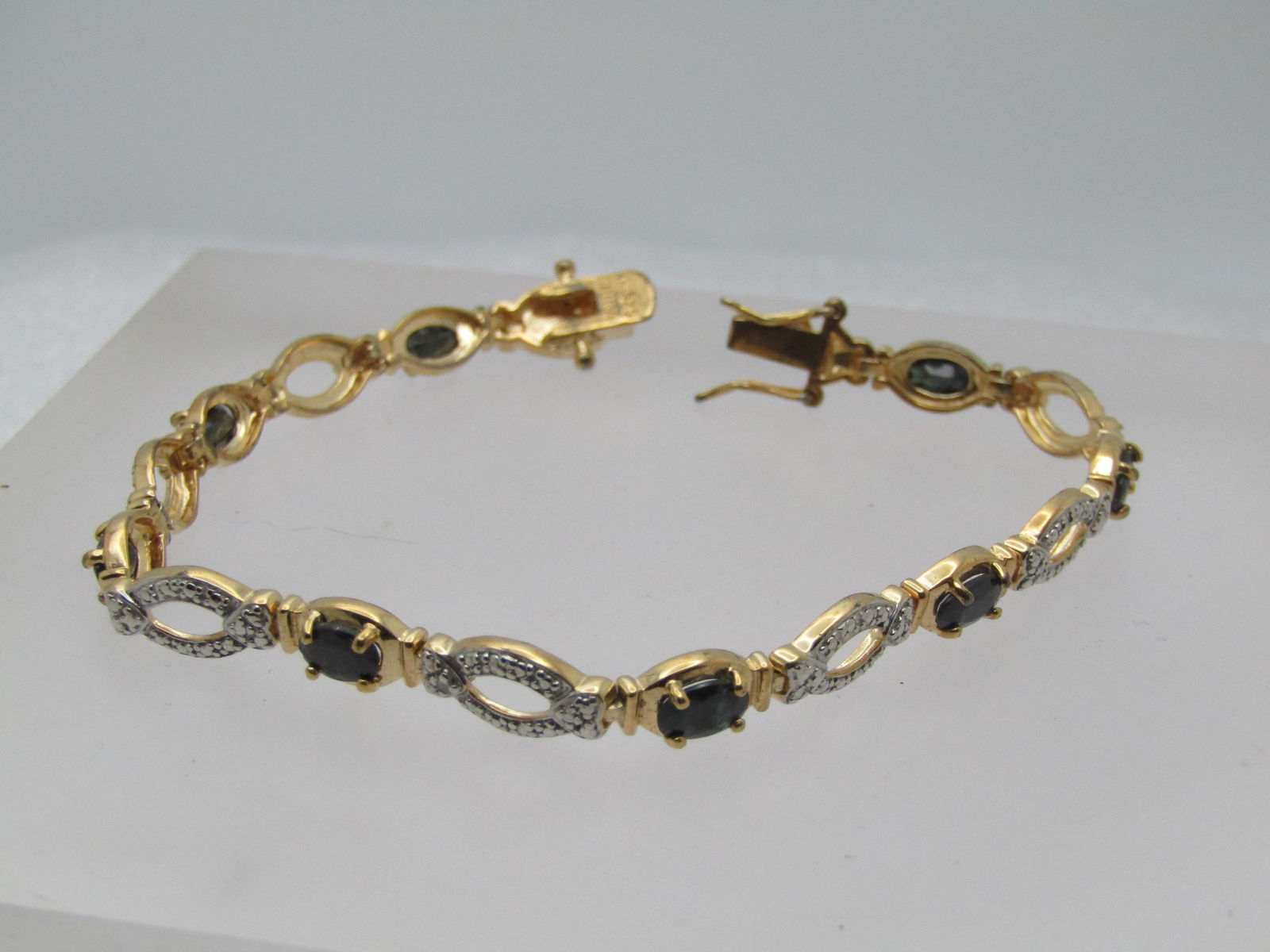 Vintage Sterling Sapphire Tennis Bracelet, Gold Over, 7.5", Signed R (1 of 6)