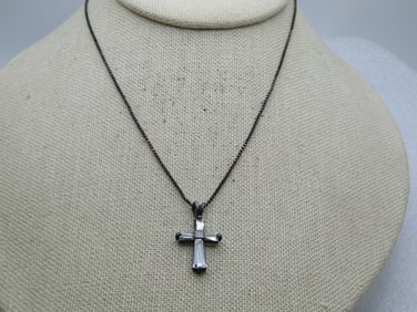 Vintage Sterling Rhinestone Cross Necklace, 18", 1980's