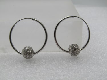 Sterling Silver CZ Hoop Earrings, Sliding Bead, Pierced, 1", 1990's-2000's