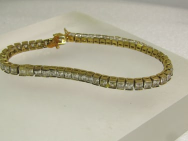 Vintage Sterling,Clear Stone Tennis Bracelet, 7.25", 1980's-1990's, Gold Vermeil