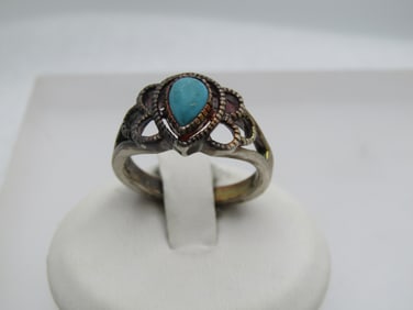 Vintage Sterling Faux Turquoise Ring, Southwestern Theme, Sz. 8, 1970's-1980's