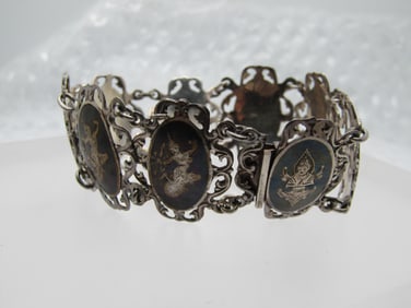 Vintage Sterling Fiigree Siam Bracelet, 1940's-1950's, 7"