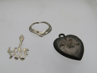 Vintage 3 Sterling Charms/Pendants, 2 Hearts and I Love you, 1940's-1980's