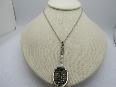 Vintage Sterling Tennis Racket Necklace, 18", 1970's-1980's. Unisex