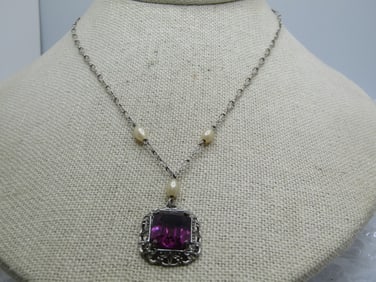Vintage Sterling Filigree Purple & Pearl Necklace, Art Deco Themed, 16"