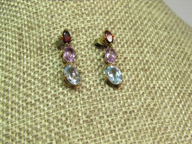 Vintage Sterling Gold Plated Gemstone Earrings, Blue Topaz, Amethyst, Garnet, 1980's-1990's.