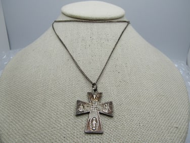 Vintage Sterling Catholic Cross Medal/Necklace, 26". 1940's-1950's