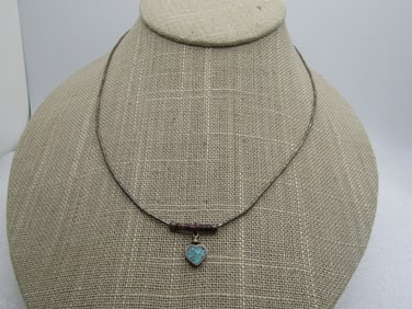 Vintage Sterling Inlaid Turquoise Heart Necklace, Shell Heishi Beads, 16", 1960's-1970's