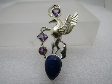 Sterling Silver Pegasus Pendant, Amethyst & Sodalite, 2.25"
