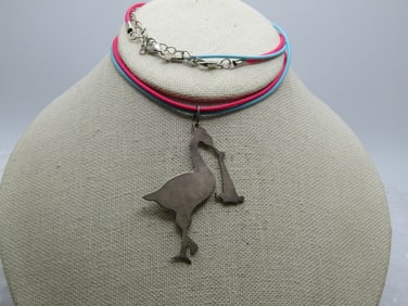Vintage Sterling Stork & Baby Necklace, Gender Reveal, 20"