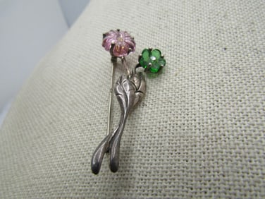 Vintage Sterling Pressed Glass Floral Brooch, Rhinestone Centers, Signed,