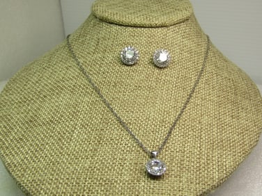 Sterling Round Halo CZ Necklace, Earrings Set, Pierced, 18", 1990's