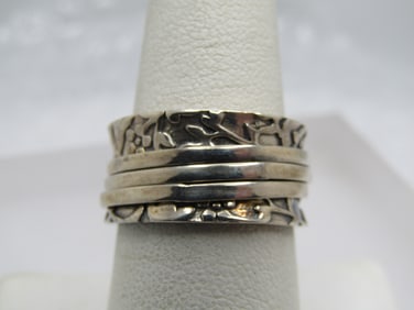 Vintage Sterling Wide Floral Spinner Ring, D'Joy, Sz. 8