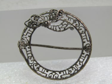 Vintage Sterling Filigree Circle Brooch, C-Clasp, 1920's