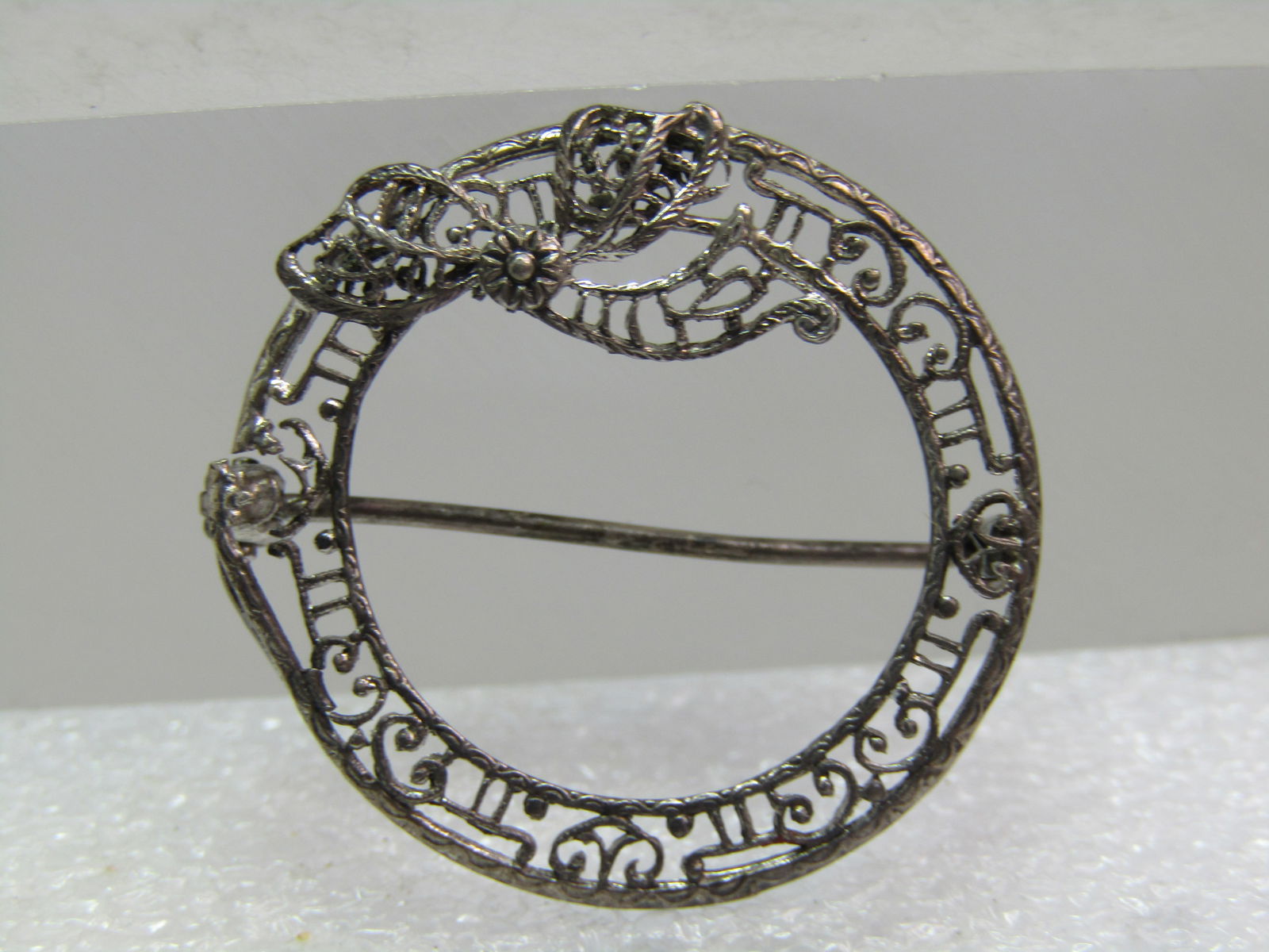 Vintage Sterling Filigree Circle Brooch, C-Clasp, 1920's (1 of 5)