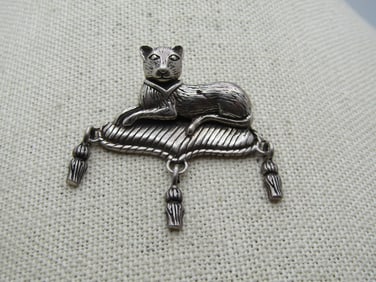 Vintage Sterling Cat on Cushion Brooch, 1980's-1990's, Jezlaine.