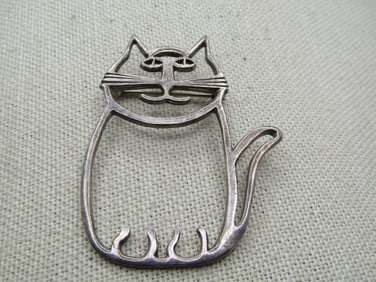 Vintage Sterling Southwestern Cat Outline Brooch, 2-1/8" Tall 1980's-1990's Belinda Woody?