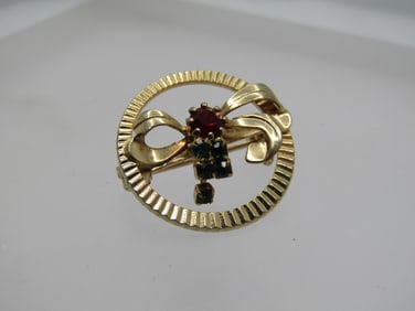 Vintage Red/Green Rhinestone Bow Circle Brooch, 1950's-1960's