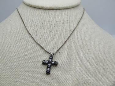 Vintage Sterling Black & Clear Rhinestone Cross, 19", Avon , 1980's