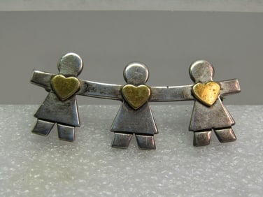 Vintage Sterling Children & Hearts Brooch, Signed Maldo, 1980's