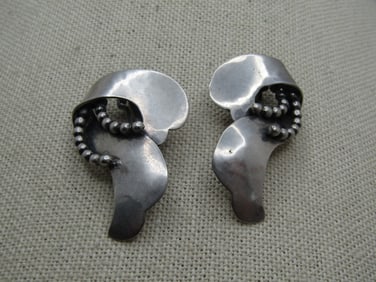 Vintage Sterling Modernist Hammered Earrings, Clip, Beaded Accents, 1960's-1970's