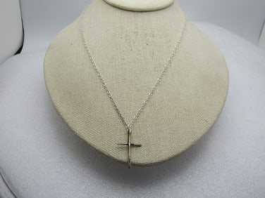 Vintage Sterling Cross Necklace, 19" Silver Tone Chain. 1980's