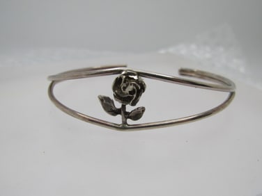 Vintage Sterling Rose Cuff Bracelet, 7", Signed
