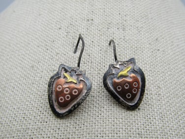 Vintage Sterling & Copper Strawberry Earrings, Pierced , Signed