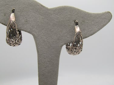 Vintage Sterling Silver Scrolled Hoop Earrings, Cut-Out, Jezlaine, 1990's