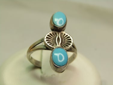 Vintage Sterling Double Turquoise Ring, Sz. 5.75, 1980's-1990's