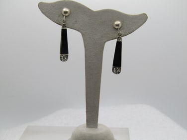 Vintage Sterling Onyx Drop/Clip Earrings, 1980's-1990's