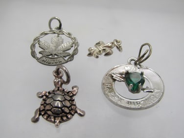 Vintage Four Sterling Charms, Turtle; Fleur-de-Lis; May Birthday; Maple Leaf, 1960's-1980's