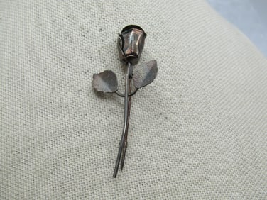 Vintage Sterling Rose Brooch, Long Stem, C-Clasp, 1930's-1940's