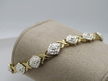 Vintage Sterling X O Diamond Tennis Bracelet, Gold Over, 7.75" Illusion