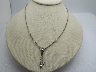 Vintage Sterling Blue Topaz Necklace, Floral Lavalier, 17.5", Signed ALE (Pandora) 1980's-1990's