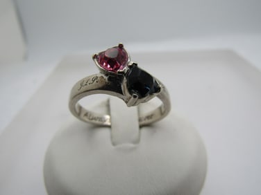 Vintage Sterling Blue/Pink Heart Ring, Engraved JLP JMB, Sz. 9.5