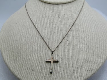Vintage Sterling Engraved Cross Necklace with Rhinestones, 18", 1940's-1950's