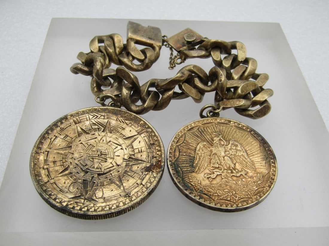 Vintage Sterling Heavy Bracelet with Eagle Coins, Libertad, Goldwashed, 6.25", 1940's-1980's Signed (1 of 8)