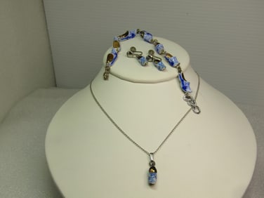 Vintage Sterling Enameled Dutch Clogs Necklace, Bracelet & Earrings Set, 1960's