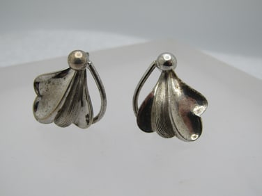 Vintage Sterling Mod Leaf Earrings, 1940's-1950's. Screwback