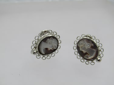 Vintage Sterling Cameo Shell  Earings, Signed D'or, Mother-of-pearl, 1960's-1970's